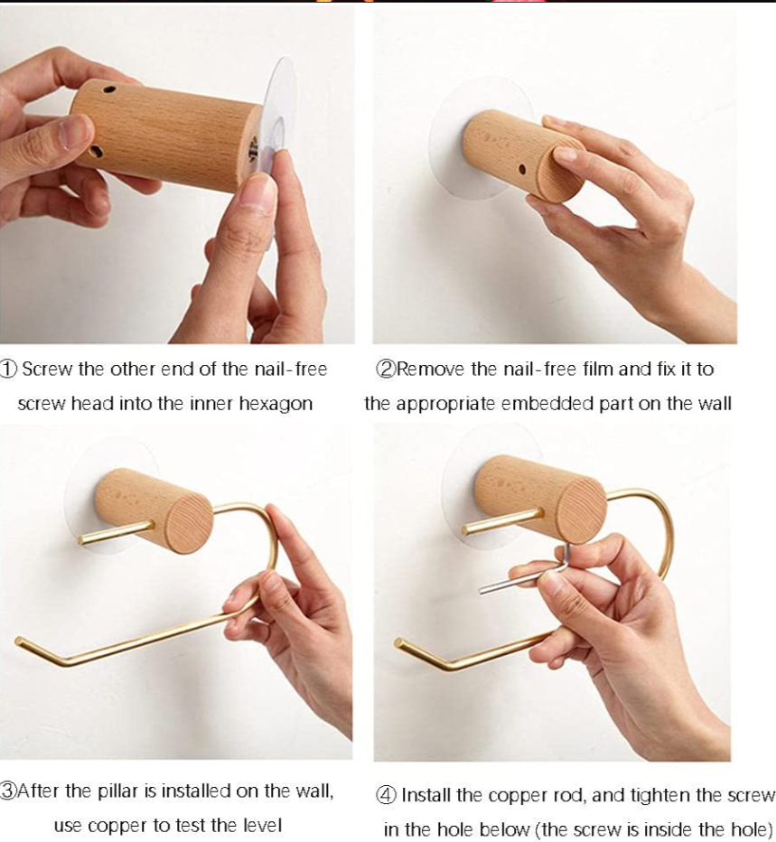 Toiletrulleholder i messing og lyst træ (U-form)