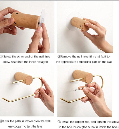 Toiletrulleholder i messing og lyst træ (U-form)