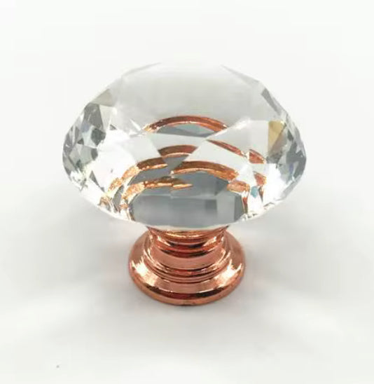 Roseguld møbelknop med klar glas diamantformet top (Ø: 40 mm) 💎