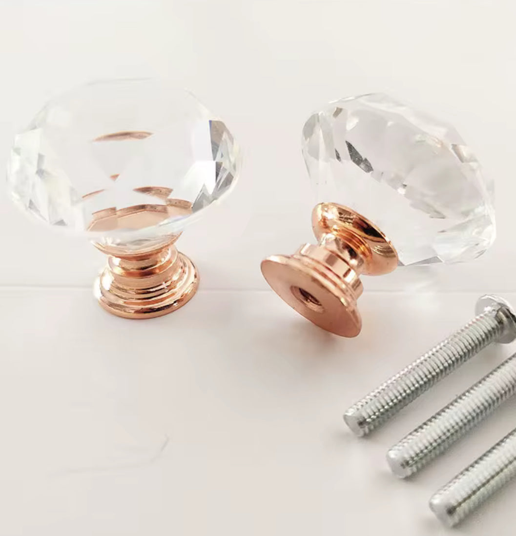 Roseguld møbelknop med klar glas diamantformet top (Ø: 40 mm) 💎