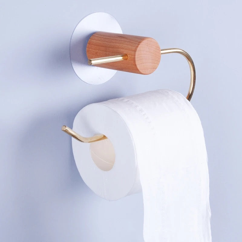 Toiletrulleholder i messing og lyst træ (U-form)