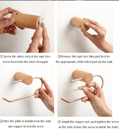 Toiletrulleholder i messing og lyst træ (U-form) - Grebet
