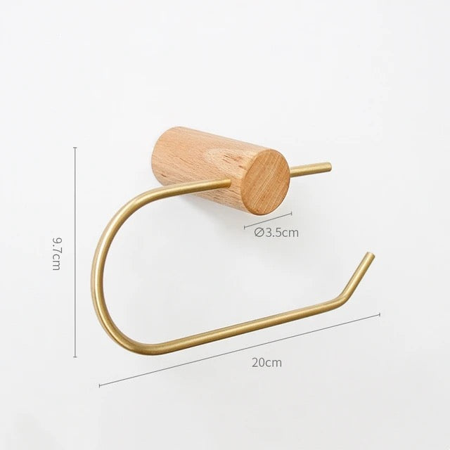 Toiletrulleholder i messing og lyst træ (U-form)