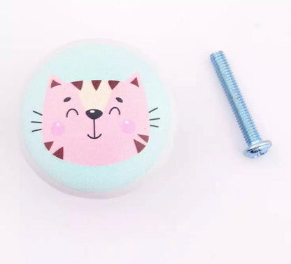 Grebet.dk Keramik greb Kat (mintgrøn) Keramik greb til børneværelset med dyrehoveder (Ø: 38 mm)